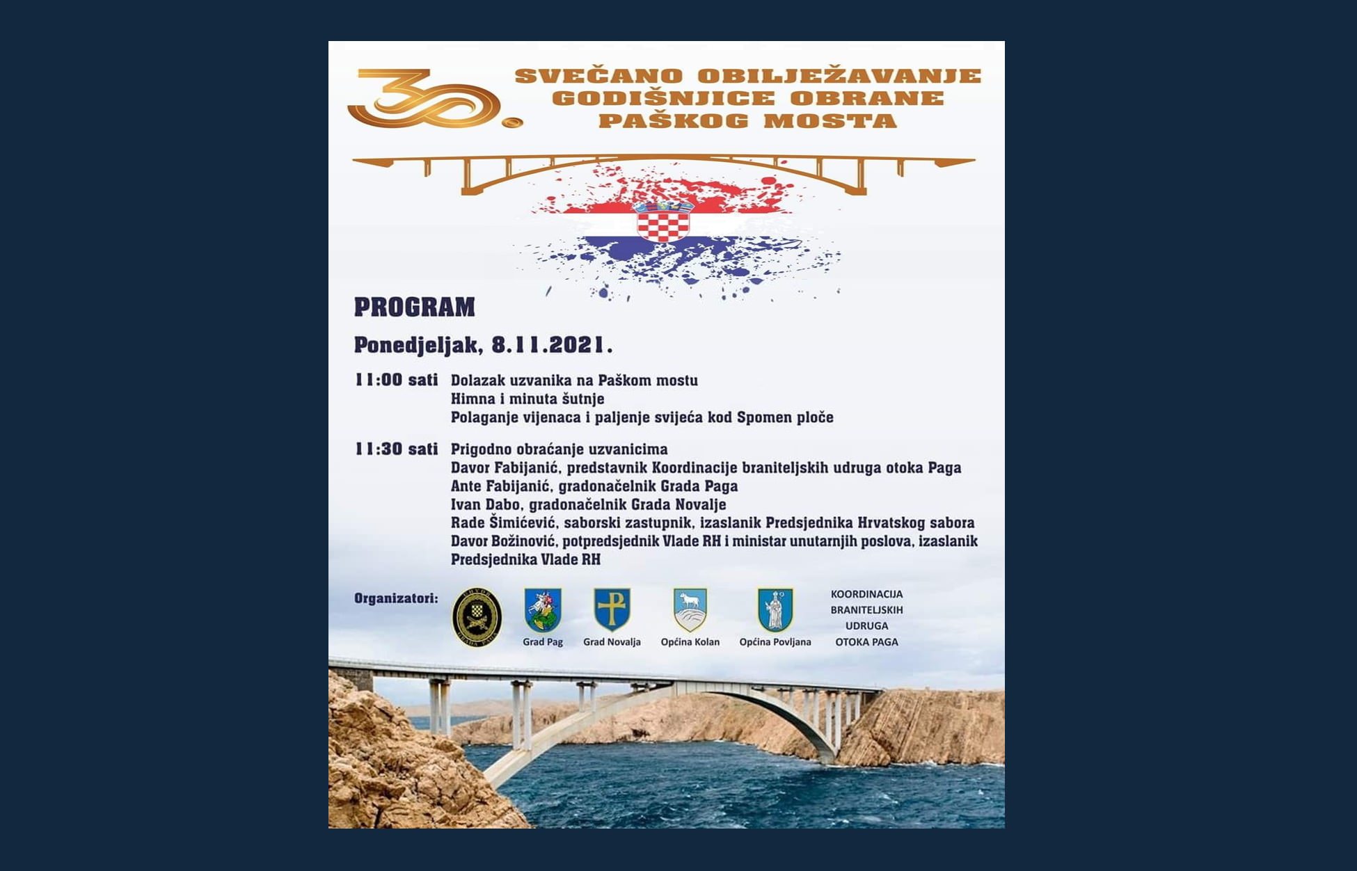 U ponedjeljak, 8. studenog, održat će se svečano obilježavanje 30. godišnjice obrane Paškog mosta