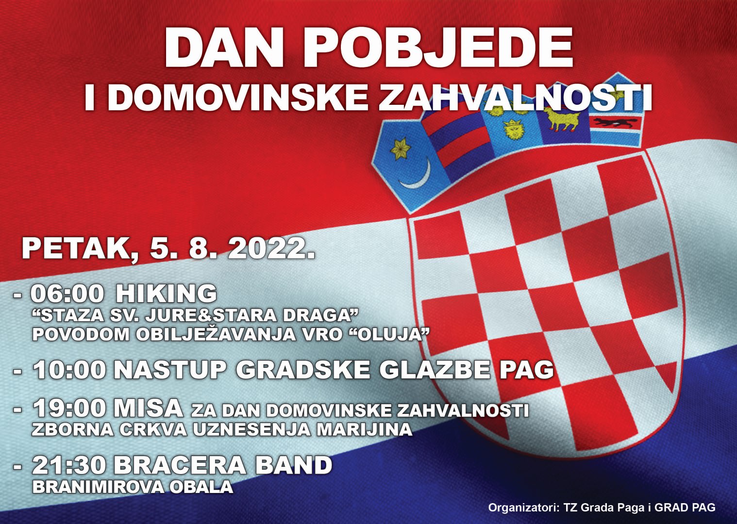 Pag: Program obilježavanja Dana pobjede i domovinske zahvalnosti, Dana hrvatskih branitelja