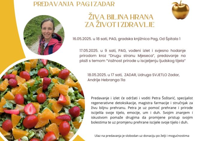 Predavanje Petre Šoštarić “Živa, biljna hrana za život i zdravlje” u Pagu