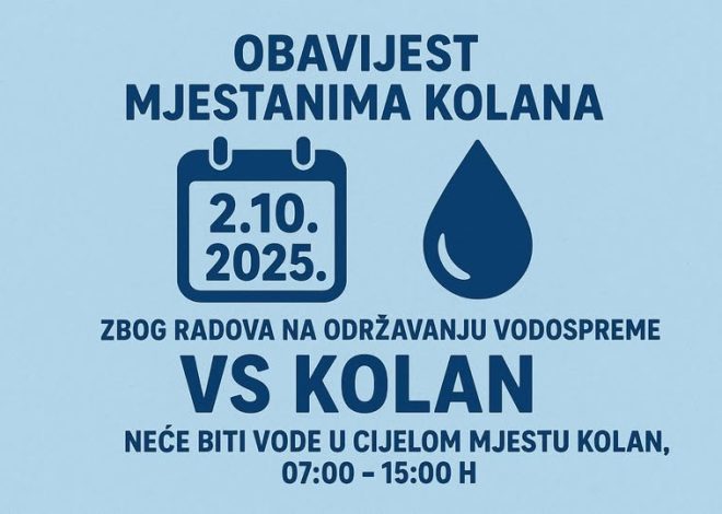 Kolan: Obavijest o prekidu vodoopskrbe