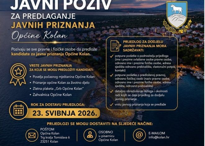 Javni poziv za predlaganje javnih priznanja Općine Kolan