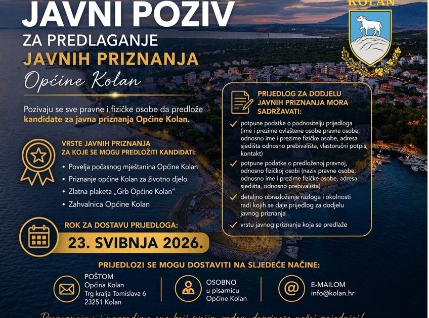 Javni poziv za predlaganje javnih priznanja Općine Kolan