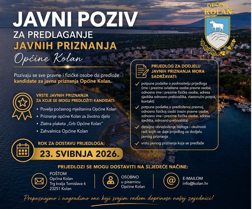 Javni poziv za predlaganje javnih priznanja Općine Kolan