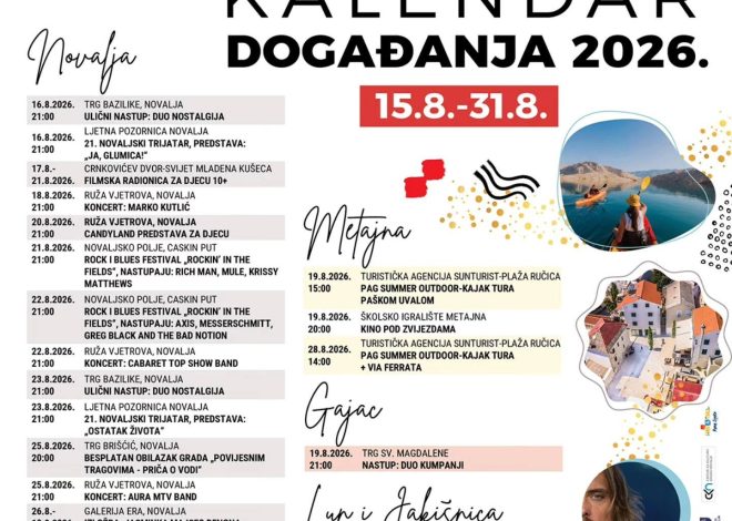 Kraj kolovoza na području Grada Novalje donosi niz kulturnih, zabavnih i sportskih programa
